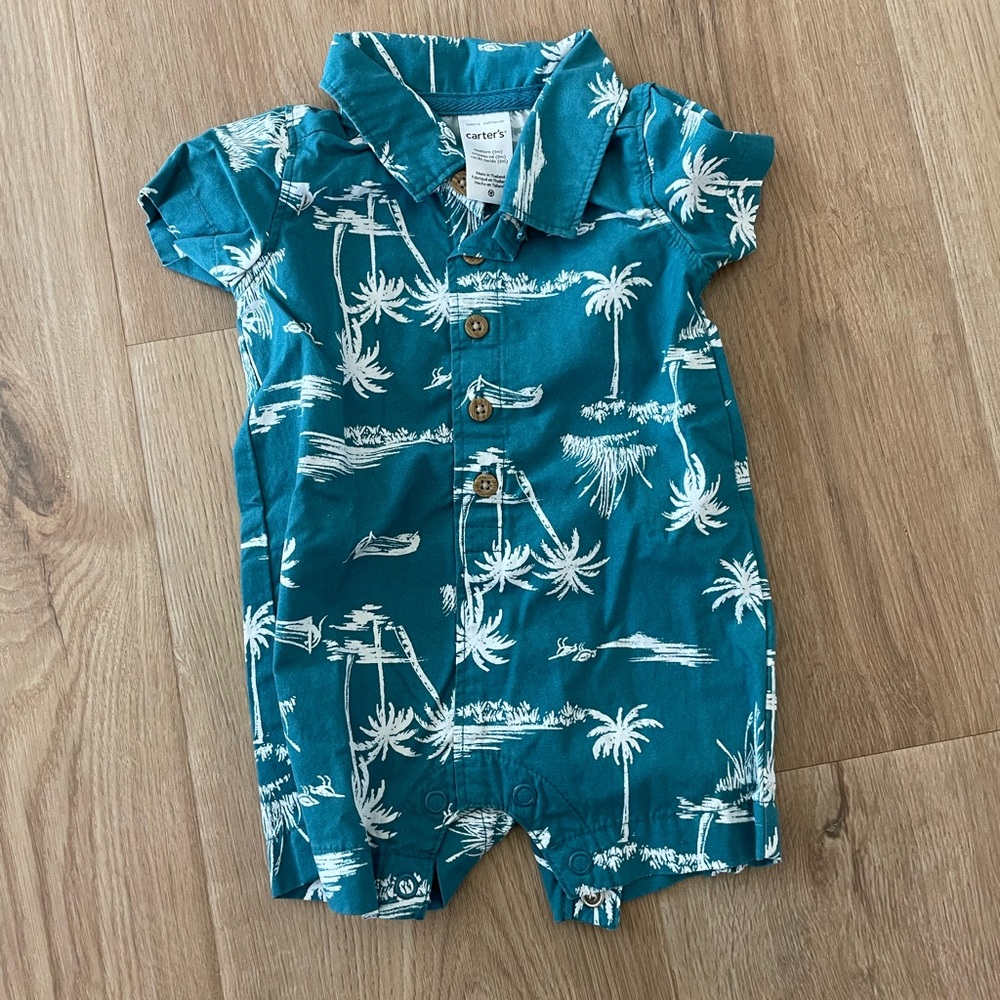 Newborn (NB) Carter's Baby Boy Teal Tropical Hawaiian Print Romper
